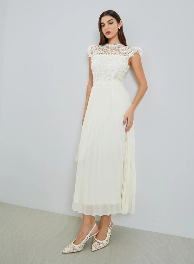 Styli  Women Cream Lace Sleeveless Pleated Midi Dress for Women | Best Price UAE